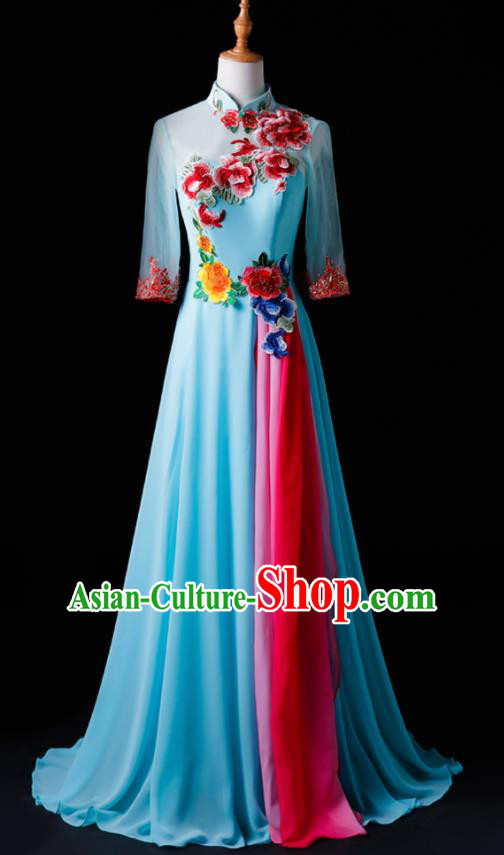 Chinese Traditional National Blue Cheongsam Compere Chorus Costume Folk Dance Full Dress for Women