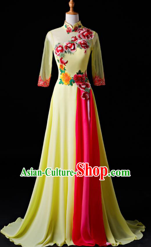 Chinese Traditional National Yellow Cheongsam Compere Chorus Costume Folk Dance Full Dress for Women