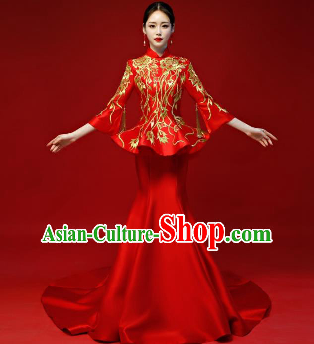 Chinese Traditional National Wedding Cheongsam Compere Chorus Costume Red Full Dress for Women