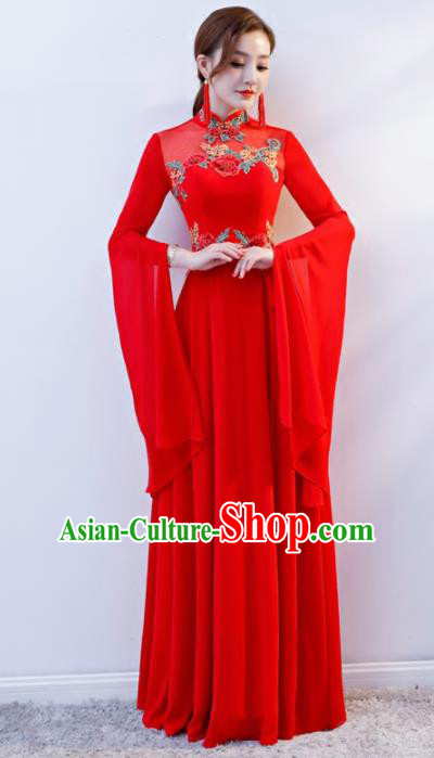 Chinese Traditional National Wedding Red Cheongsam Compere Chorus Costume Full Dress for Women