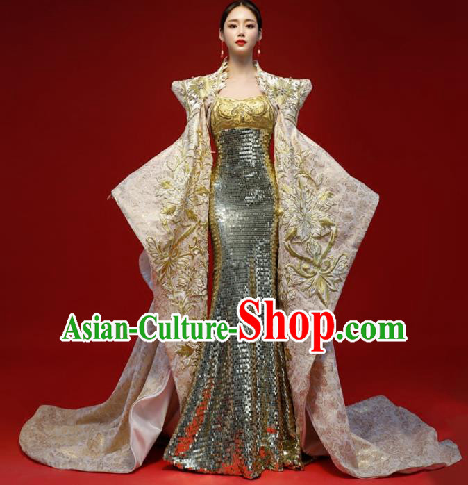 Top Grade Catwalks Golden Trailing Full Dress Compere Chorus Costume for Women