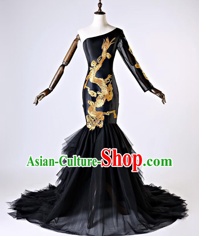 Chinese Traditional Black Veil Full Dress Compere Chorus Costume for Women