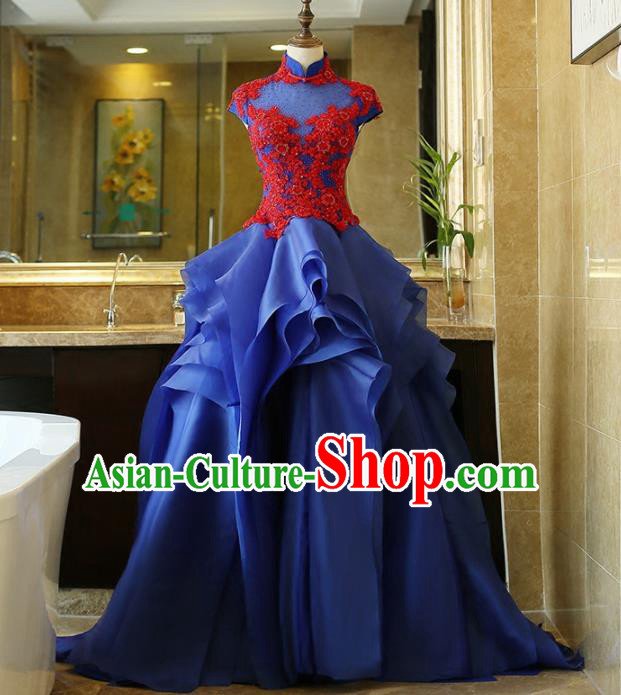 Chinese Traditional Compere Blue Full Dress Embroidered Cheongsam Chorus Costume for Women