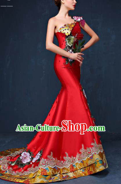 Chinese Traditional Compere Red Full Dress Embroidered Peony Cheongsam Chorus Costume for Women
