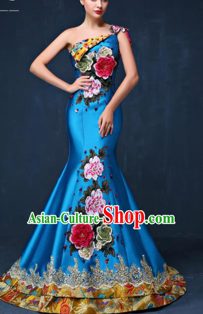 Chinese Traditional Compere Blue Full Dress Embroidered Peony Cheongsam Chorus Costume for Women