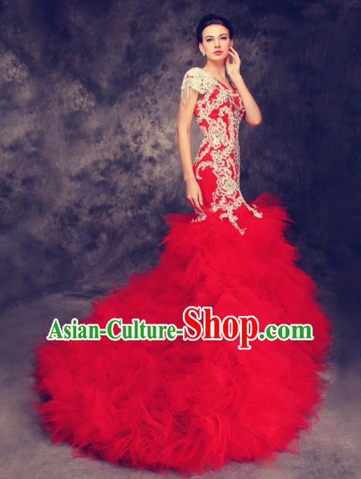 Chinese Traditional Compere Red Veil Full Dress Cheongsam Chorus Costume for Women