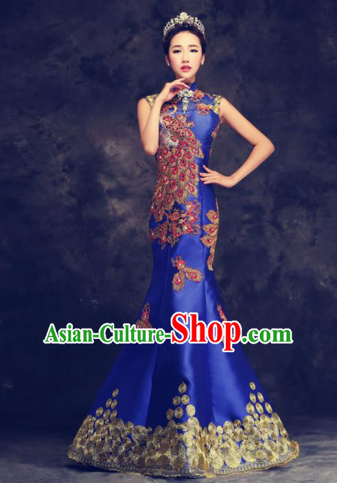 Chinese Traditional Compere Full Dress Royalblue Cheongsam Chorus Costume for Women