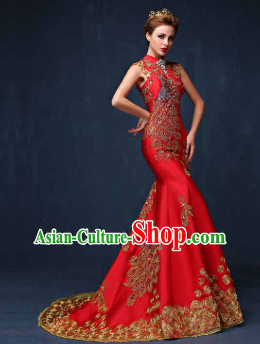 Chinese Traditional Compere Full Dress Red Cheongsam Chorus Costume for Women