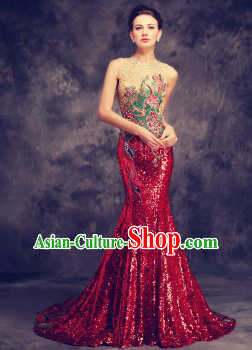 Chinese Traditional Compere Wine Red Full Dress Chorus Costume for Women