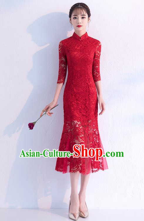 Chinese Traditional Wedding Full Dress Wine Red Lace Cheongsam Compere Costume for Women