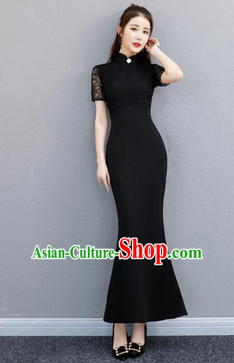 Chinese Traditional Full Dress Black Lace Cheongsam Compere Costume for Women