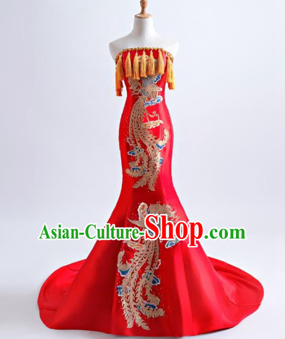 Chinese Traditional Phoenix Pattern Red Full Dress Compere Chorus Costume for Women