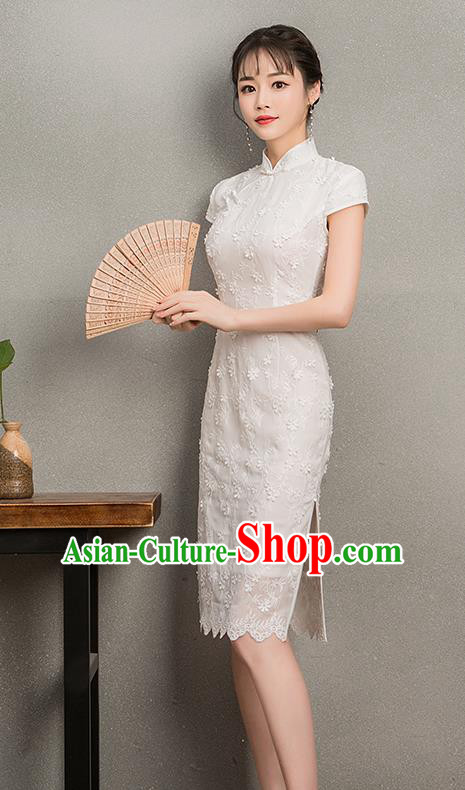 Chinese Traditional Retro Qipao Dress White Short Cheongsam Compere Costume for Women