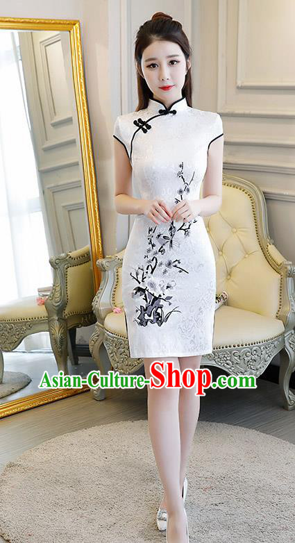 Chinese Traditional Qipao Dress Printing White Cheongsam Compere Costume for Women