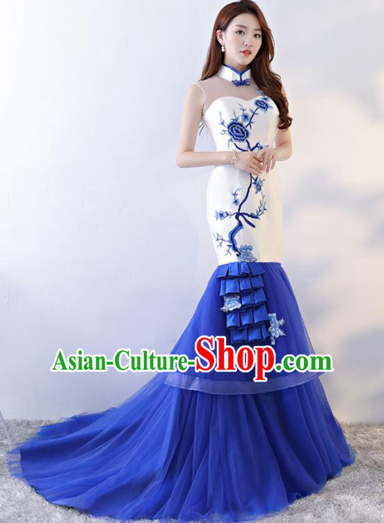Chinese Traditional Qipao Dress Blue Veil Trailing Cheongsam Compere Costume for Women