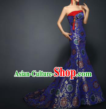 Chinese Traditional Qipao Dress Royalblue Trailing Cheongsam Compere Costume for Women