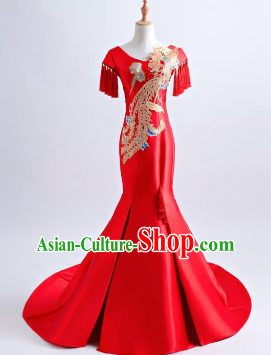 Chinese Traditional Embroidered Phoenix Red Full Dress Compere Chorus Costume for Women