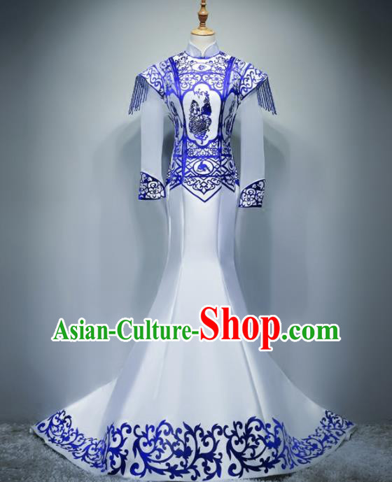 Chinese Traditional White Trailing Full Dress Compere Chorus Costume for Women