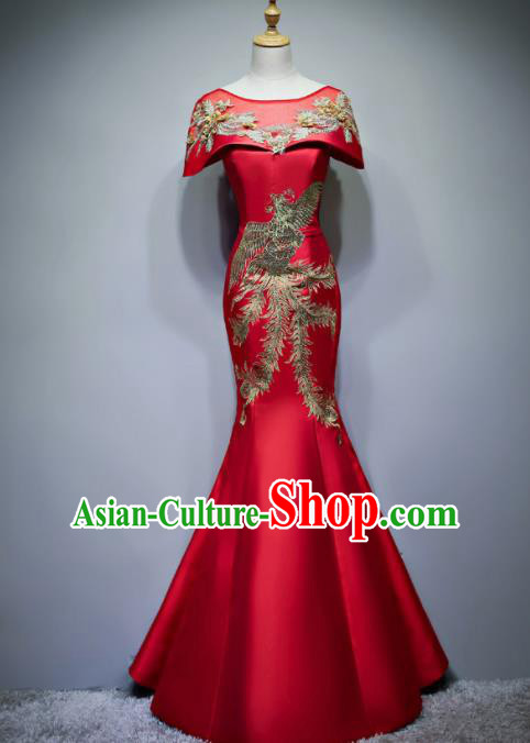 Chinese Traditional Embroidered Phoenix Red Full Dress Compere Chorus Costume for Women