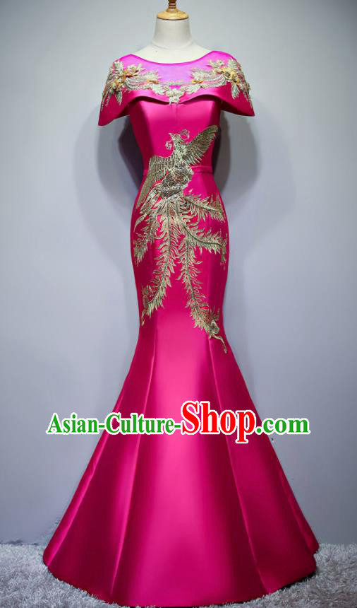 Chinese Traditional Embroidered Phoenix Rosy Full Dress Compere Chorus Costume for Women