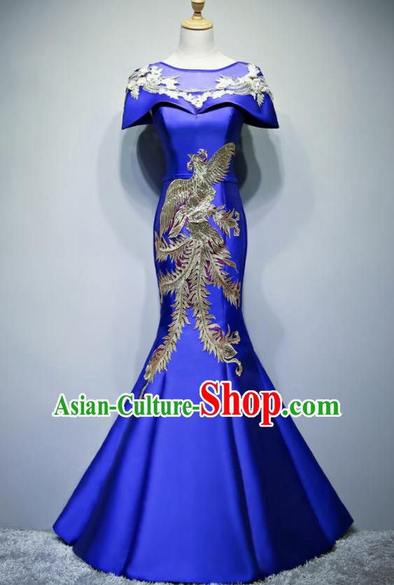 Chinese Traditional Embroidered Phoenix Royalblue Full Dress Compere Chorus Costume for Women