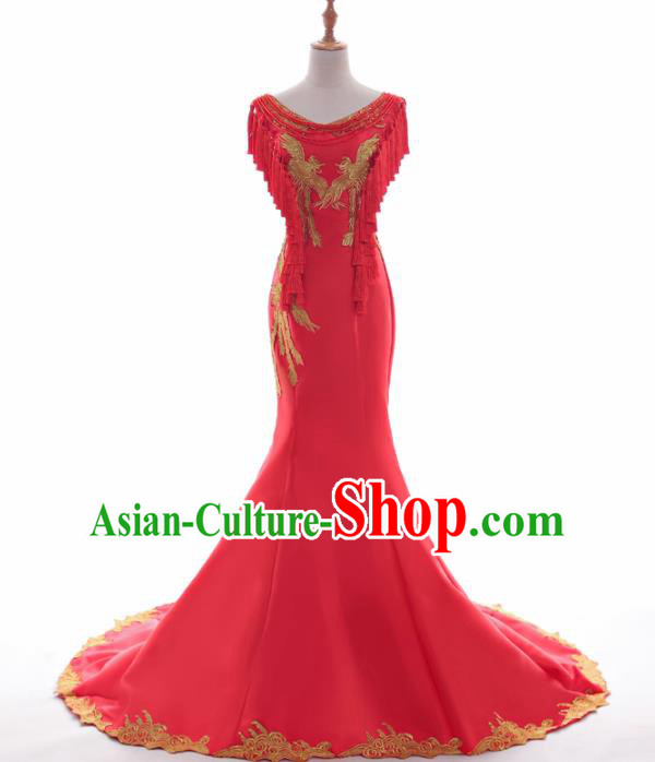 Chinese Traditional Embroidered Phoenix Wedding Red Full Dress Compere Chorus Costume for Women