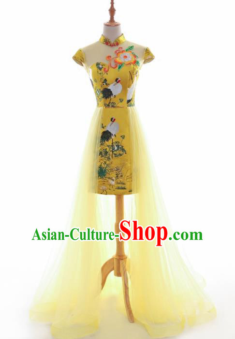 Chinese Traditional Yellow Veil Cheongsam Full Dress Compere Chorus Costume for Women