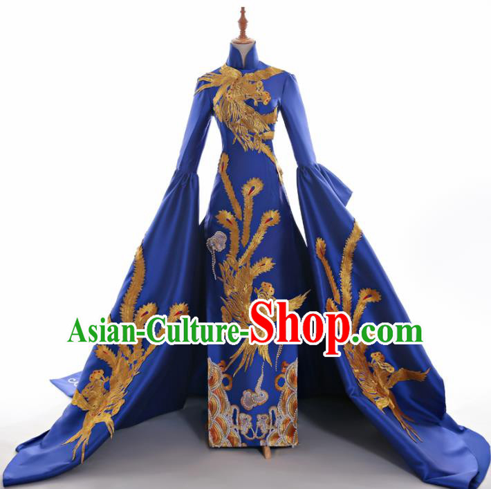 Chinese Traditional Cheongsam Royalblue Full Dress Compere Chorus Costume for Women