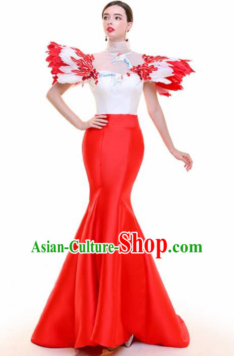 Top Grade Catwalks Feather Red Trailing Full Dress Compere Chorus Costume for Women