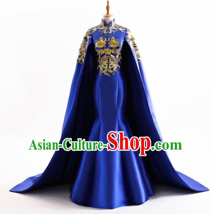 Chinese Traditional Cheongsam Wedding Royalblue Full Dress Compere Chorus Costume for Women