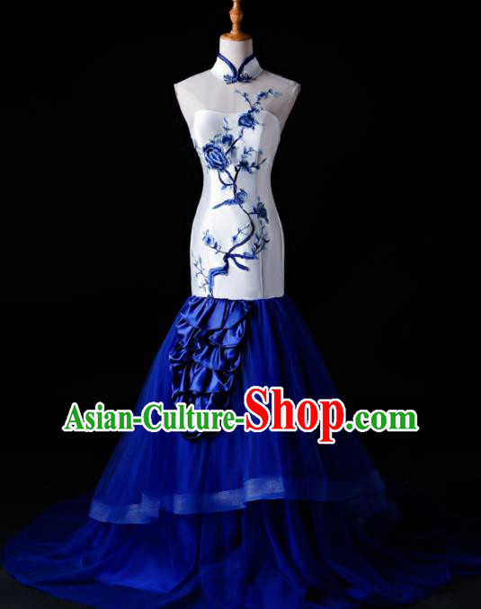 Chinese Traditional National Blue Veil Mermaid Cheongsam Compere Chorus Costume Full Dress for Women