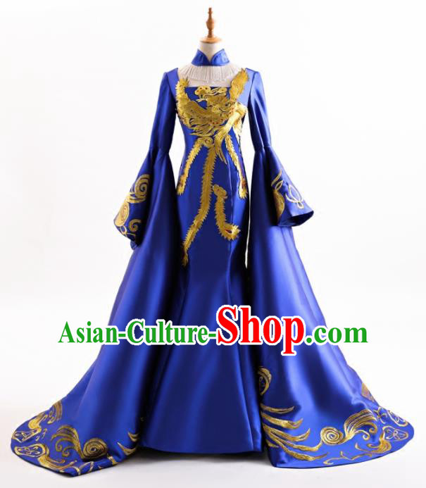 Chinese Traditional Embroidered Royalblue Cheongsam Full Dress Compere Chorus Costume for Women