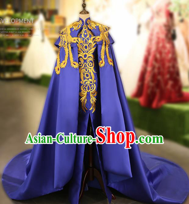 Chinese Traditional Embroidered Blue Cheongsam Full Dress Compere Chorus Costume for Women