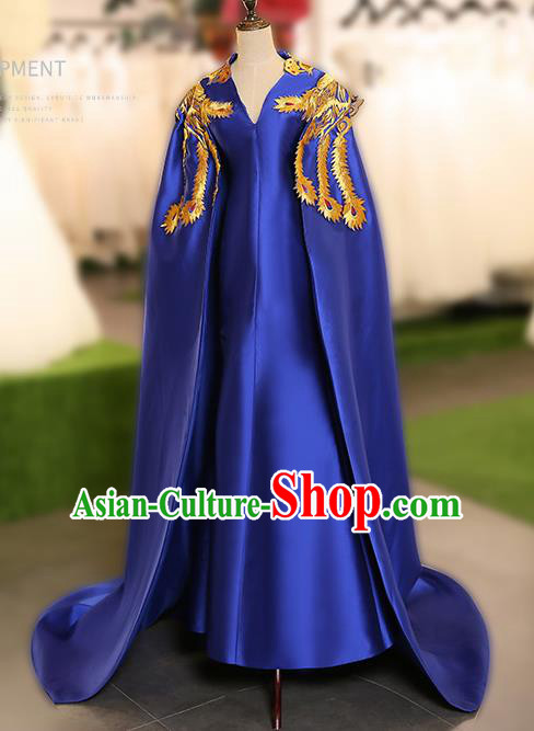 Chinese Traditional Embroidered Phoenix Cloak Blue Full Dress Compere Chorus Costume for Women