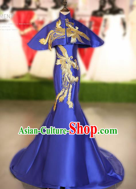 Chinese Traditional Embroidered Phoenix Royalblue Full Dress Compere Chorus Costume for Women