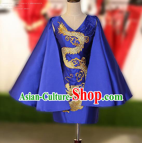 Chinese Traditional Embroidered Dragon Royalblue Short Full Dress Compere Chorus Costume for Women