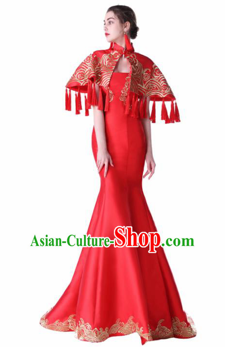 Chinese Traditional Embroidered Red Full Dress Compere Chorus Costume for Women