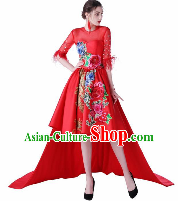 Chinese Traditional Embroidered Peony Red Full Dress Compere Chorus Costume for Women