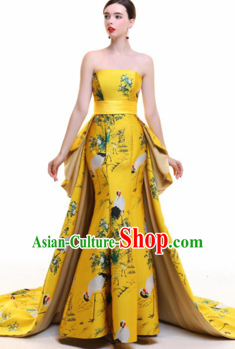 Chinese Traditional Yellow Trailing Full Dress Compere Chorus Costume for Women