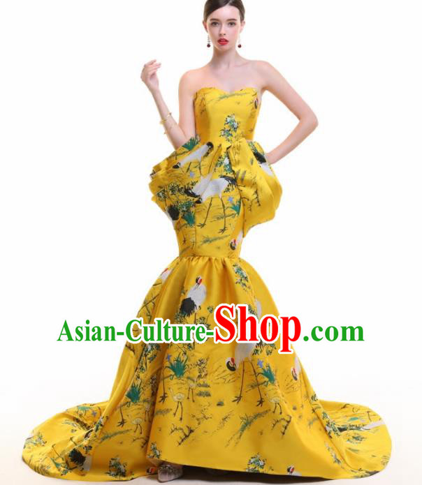 Chinese Traditional Cheongsam Yellow Trailing Full Dress Compere Chorus Costume for Women