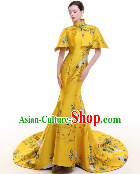 Chinese Traditional Yellow Trailing Cheongsam Full Dress Compere Chorus Costume for Women