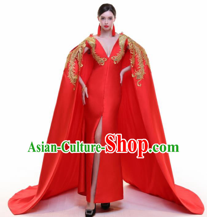 Chinese Traditional Embroidered Phoenix Red Cloak Full Dress Compere Chorus Costume for Women