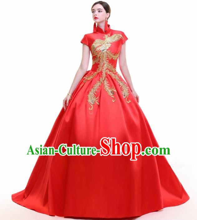 Chinese Traditional Embroidered Phoenix Red Bubble Full Dress Compere Chorus Costume for Women