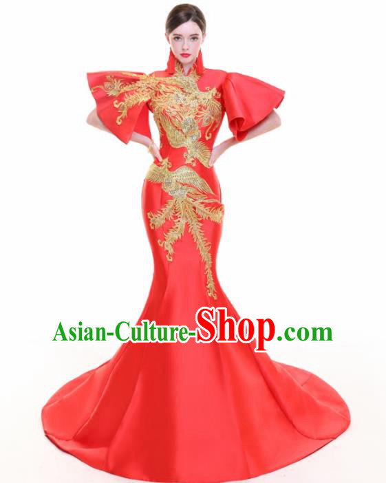Chinese Traditional Embroidered Phoenix Red Cheongsam Full Dress Compere Chorus Costume for Women