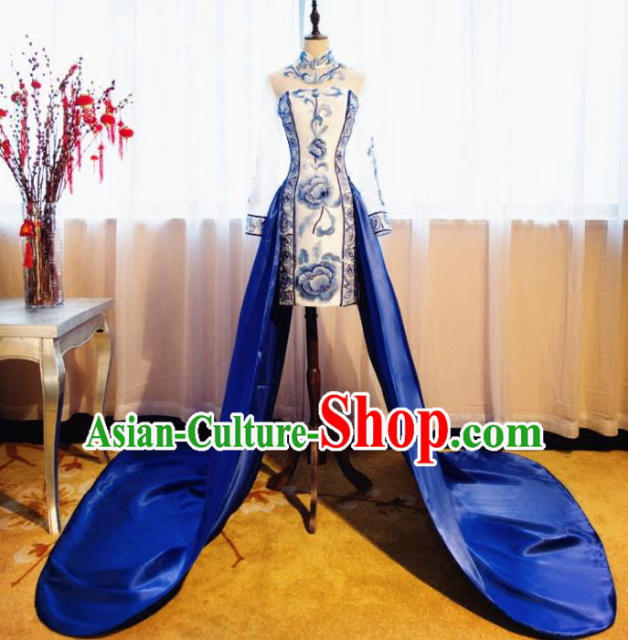 Chinese Traditional Embroidered Peony Cheongsam Compere Chorus Costume for Women