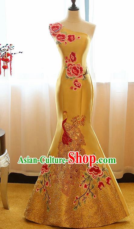 Chinese Traditional Compere Yellow Full Dress Cheongsam Chorus Costume for Women