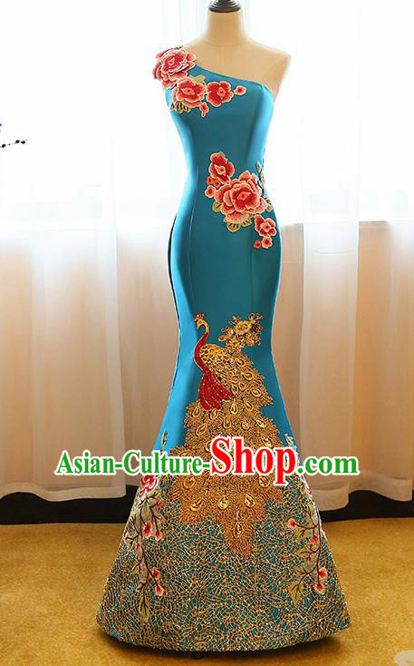 Chinese Traditional Compere Peacock Blue Full Dress Cheongsam Chorus Costume for Women