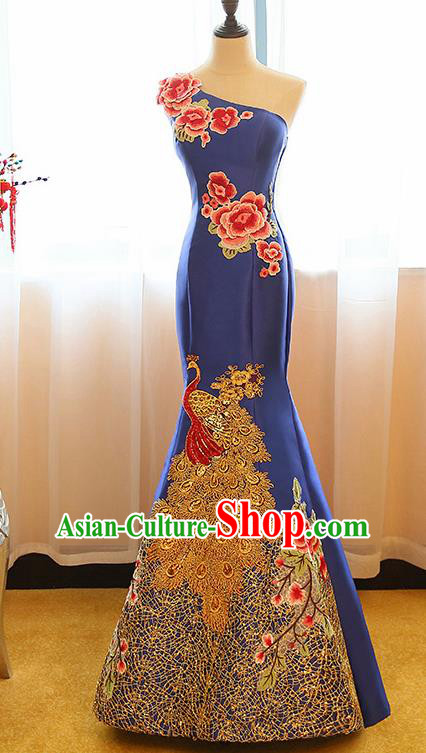 Chinese Traditional Compere Royalblue Full Dress Cheongsam Chorus Costume for Women