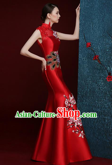 Chinese Traditional Compere Full Dress Embroidered Mangnolia Red Cheongsam Chorus Costume for Women