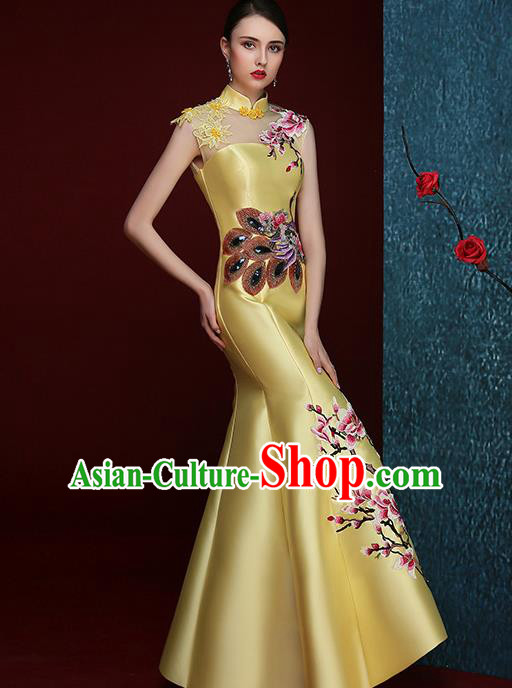 Chinese Traditional Compere Full Dress Embroidered Mangnolia Yellow Cheongsam Chorus Costume for Women